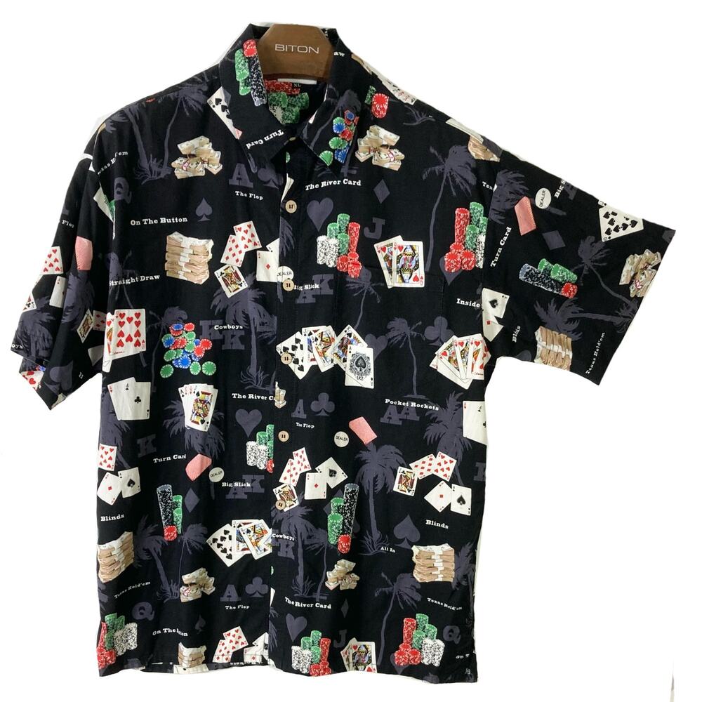 NWOT WAVE SHOPPE Shirt XL Poker-Chips Card Money Black Red Button-Up Short-Sleev